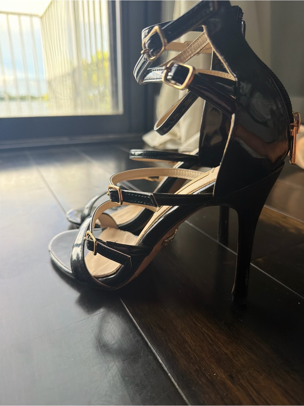Primavera Couture Black Patent Multi-Strap Stiletto Sandals
